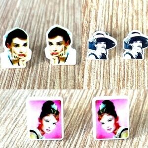 3 pairs of mini Audrey Hepburn acrylic earring studs, NWT, Never Worn